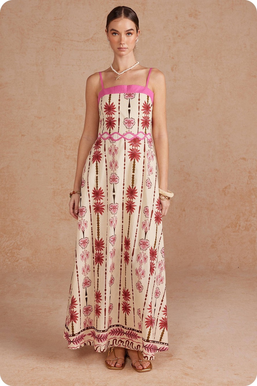 Strut & Bolt Border Striped Palm Flora Ric Rac Linen Maxi Dress